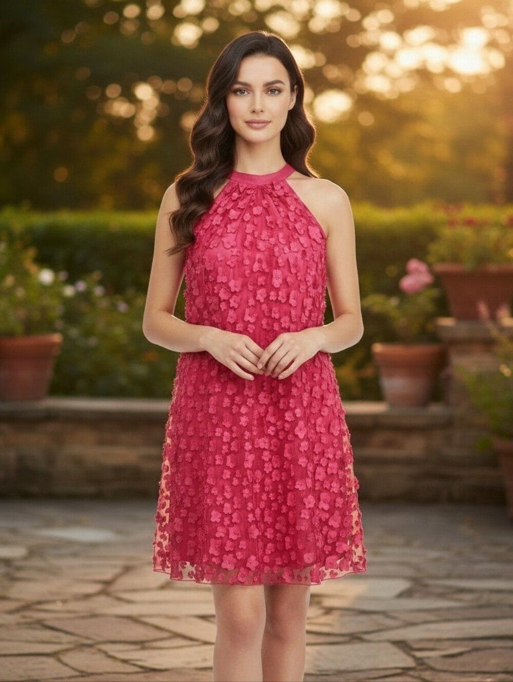 Eva Franco Orchid Pink Halter Swing  Mini Dress 3D Floral Mesh Overlay Size 4